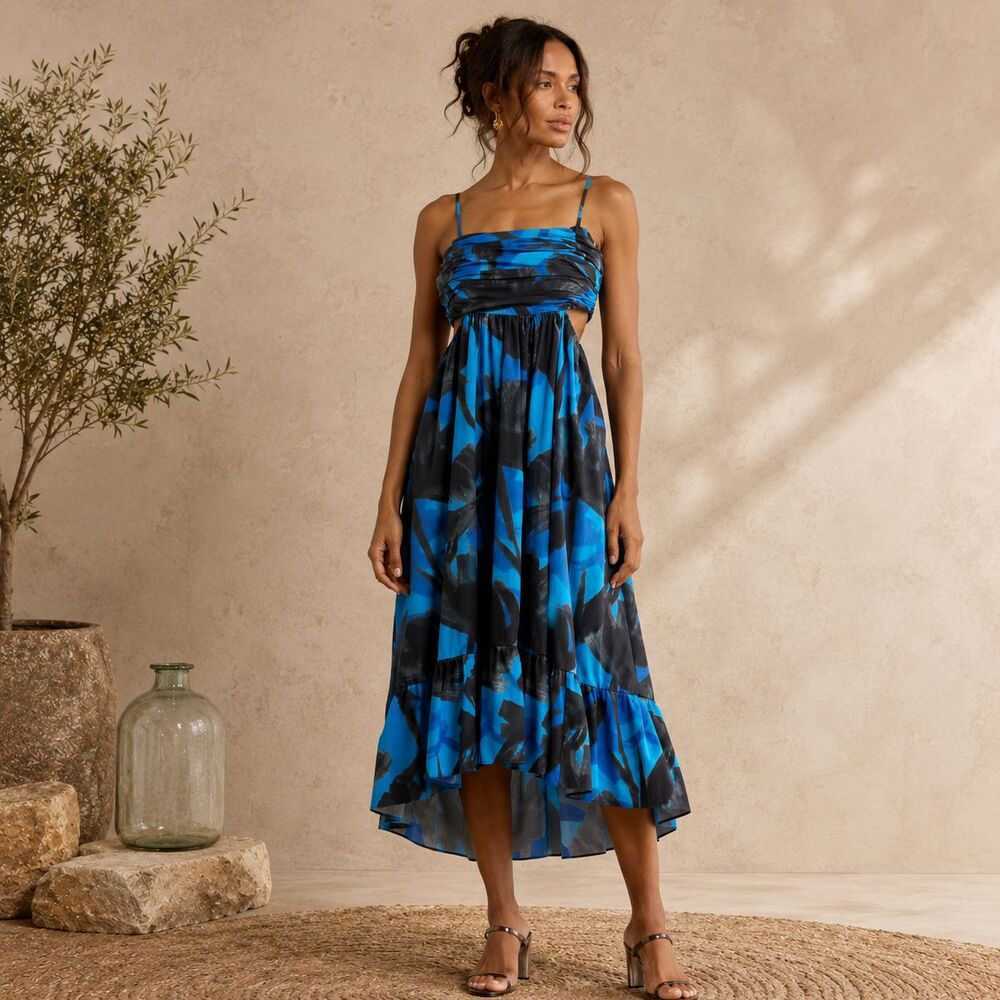 ANTHROPOLOGIE HUTCH Mabel New Midi Dress Blue Black SMALL Floral Cotton Cutout‎